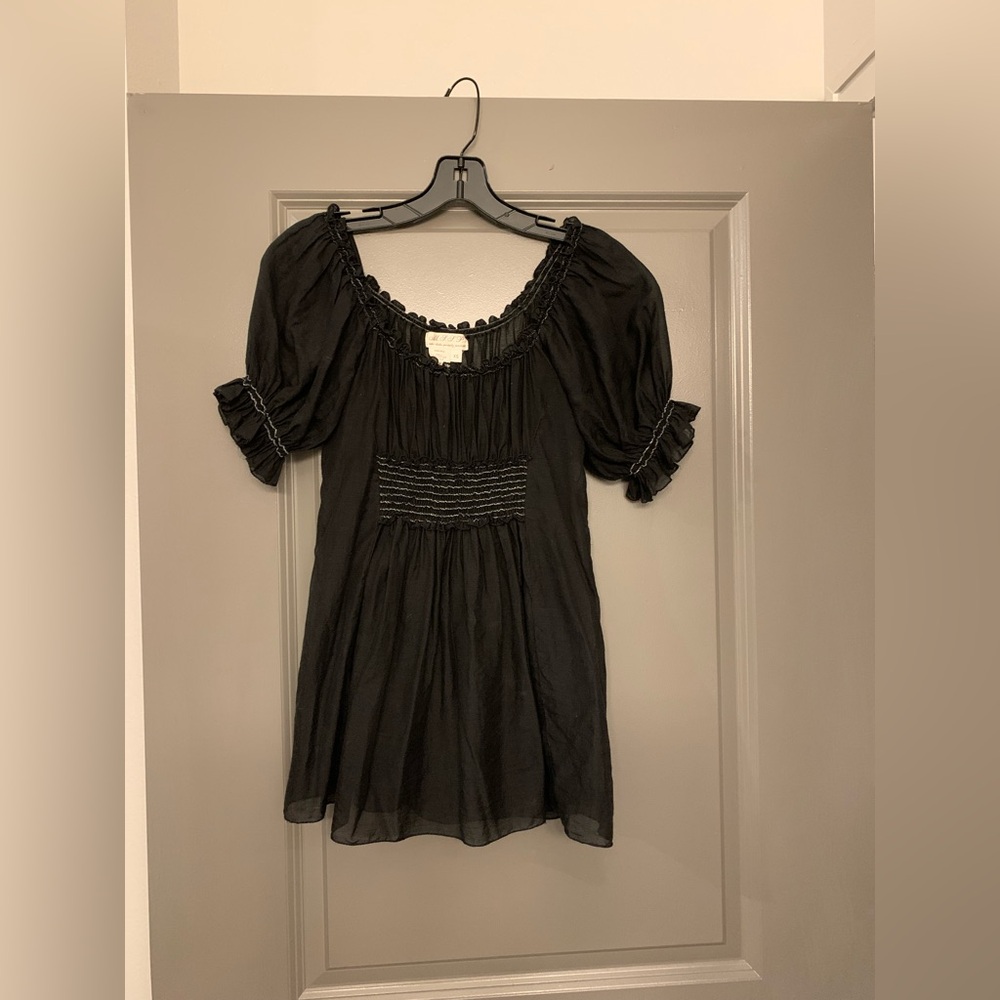 Black Smocked Puff Sleeve Top/Blouse